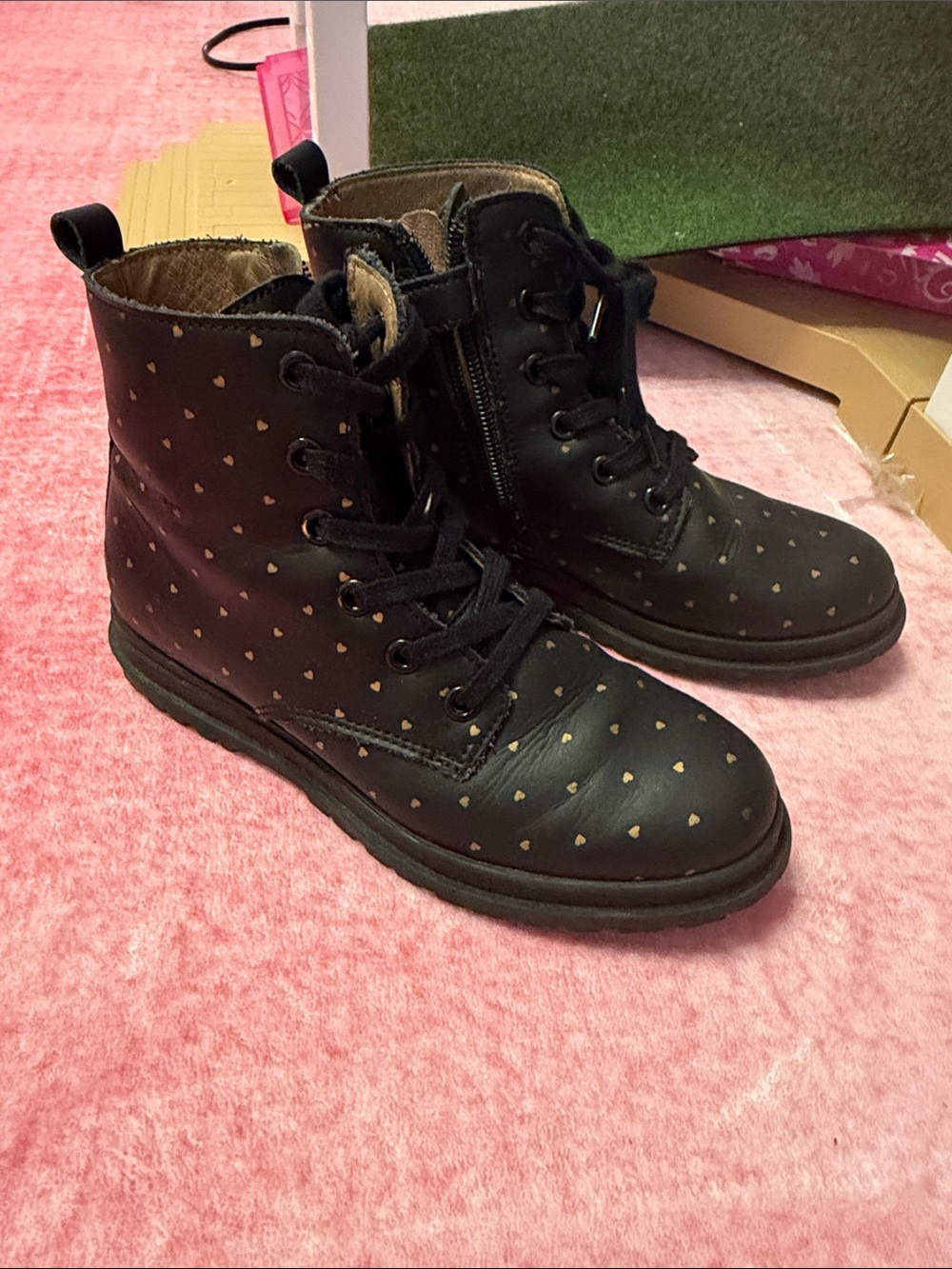 Black Combat Boots with Gold Heart Print